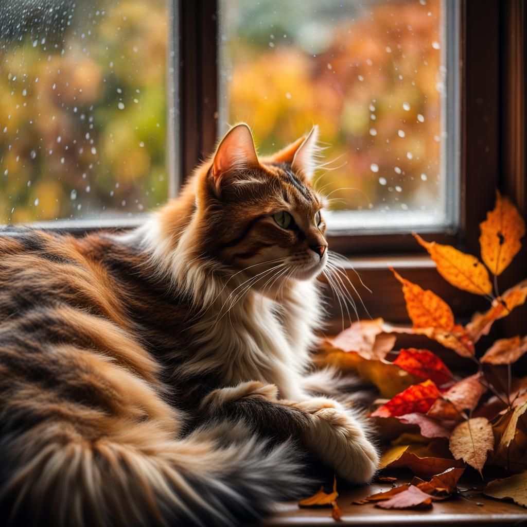 Cozy Cat in Window Watching Autumn Rain