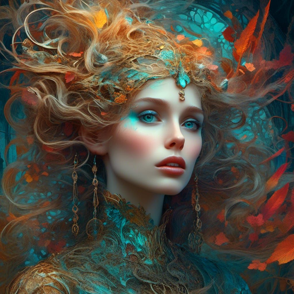 Mystical Woman with Starlight Hair in Art Nouveau Style