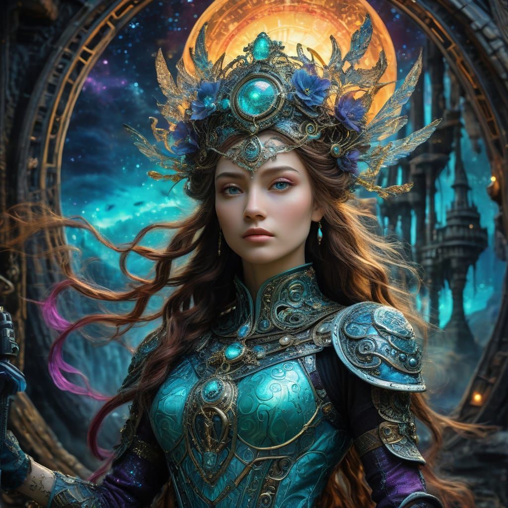 Solaris the Sovereign, Commander AI Queen , Wise beyond years, with long white hair, stands before a vibrant golden Star...