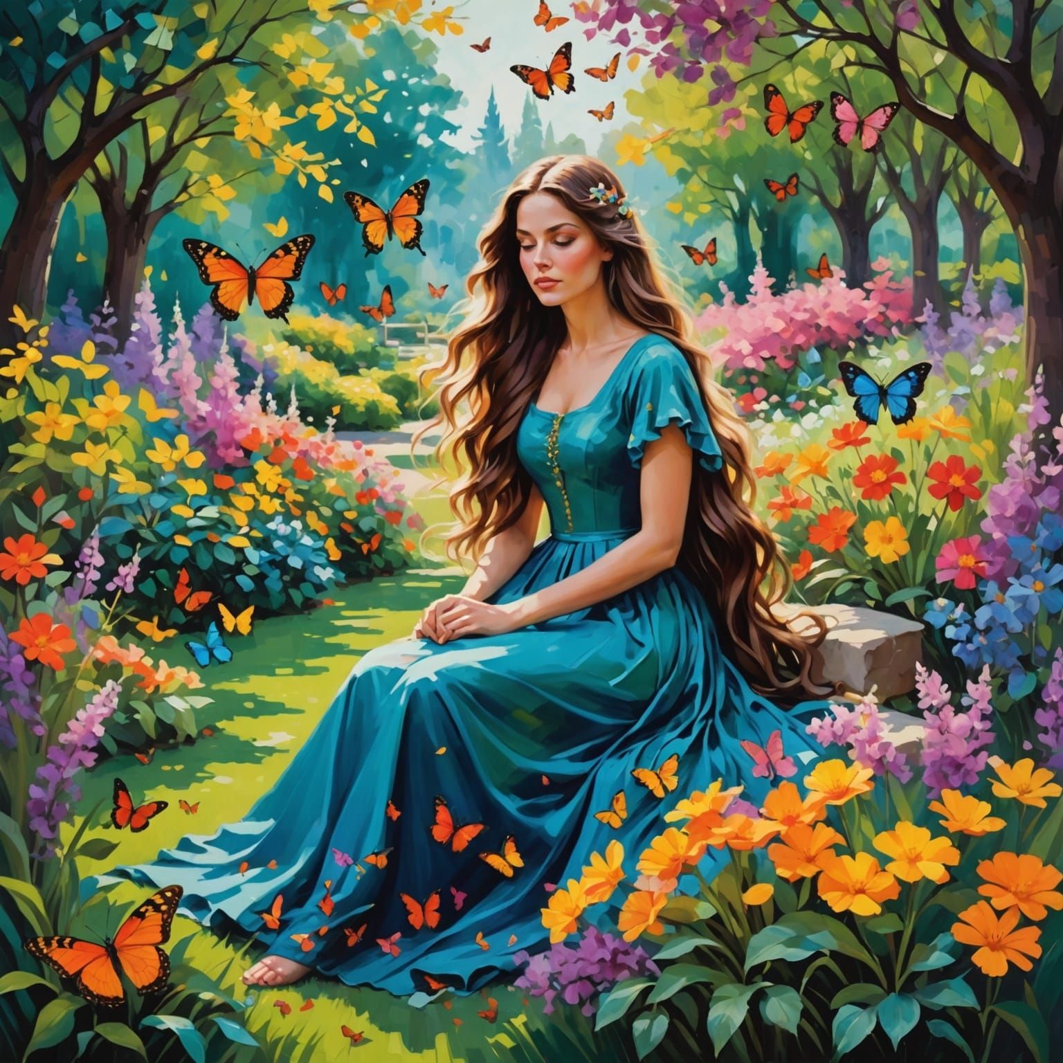 A Beautiful Woman Paints in a Vibrant Impressionist Garden
