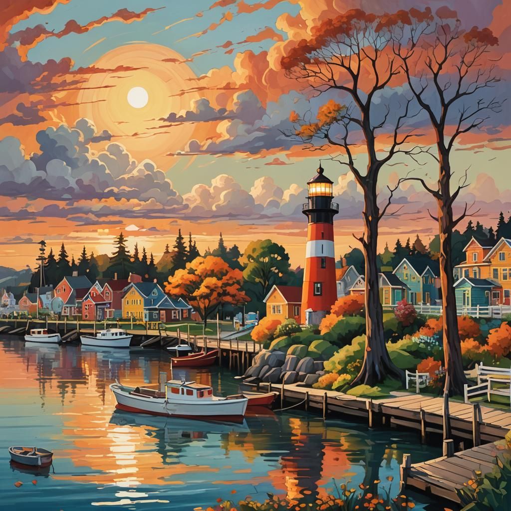 Stylized Seaside Lighthouse at Sunset