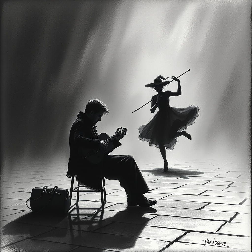 Mysterious Shadow Dances with the Lonely Musician in a Misty...