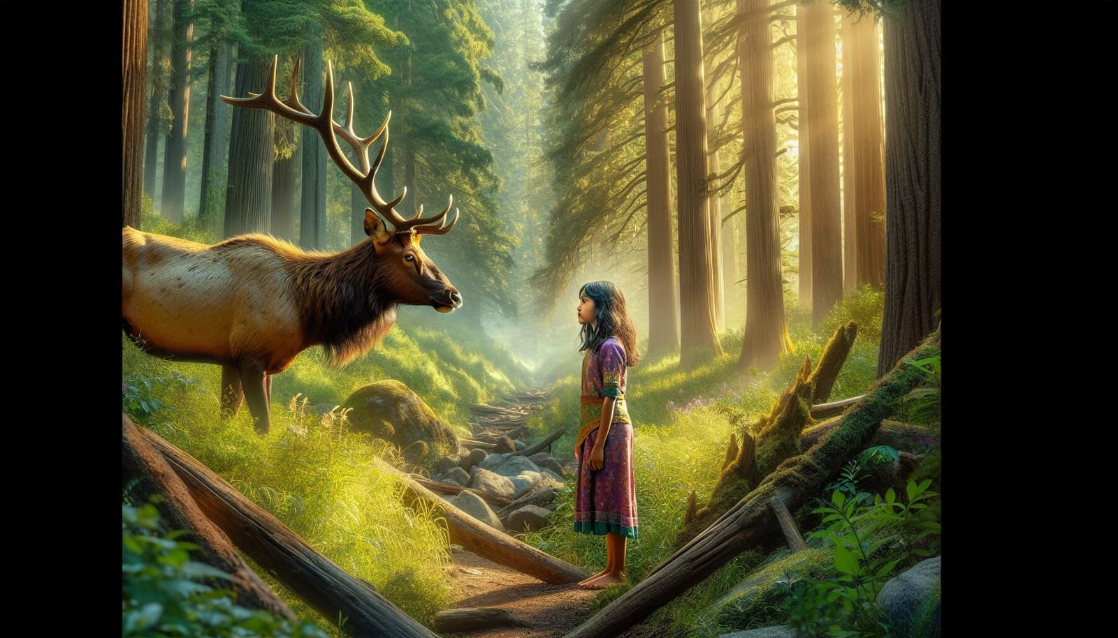 Girl lost in woods with bull elk