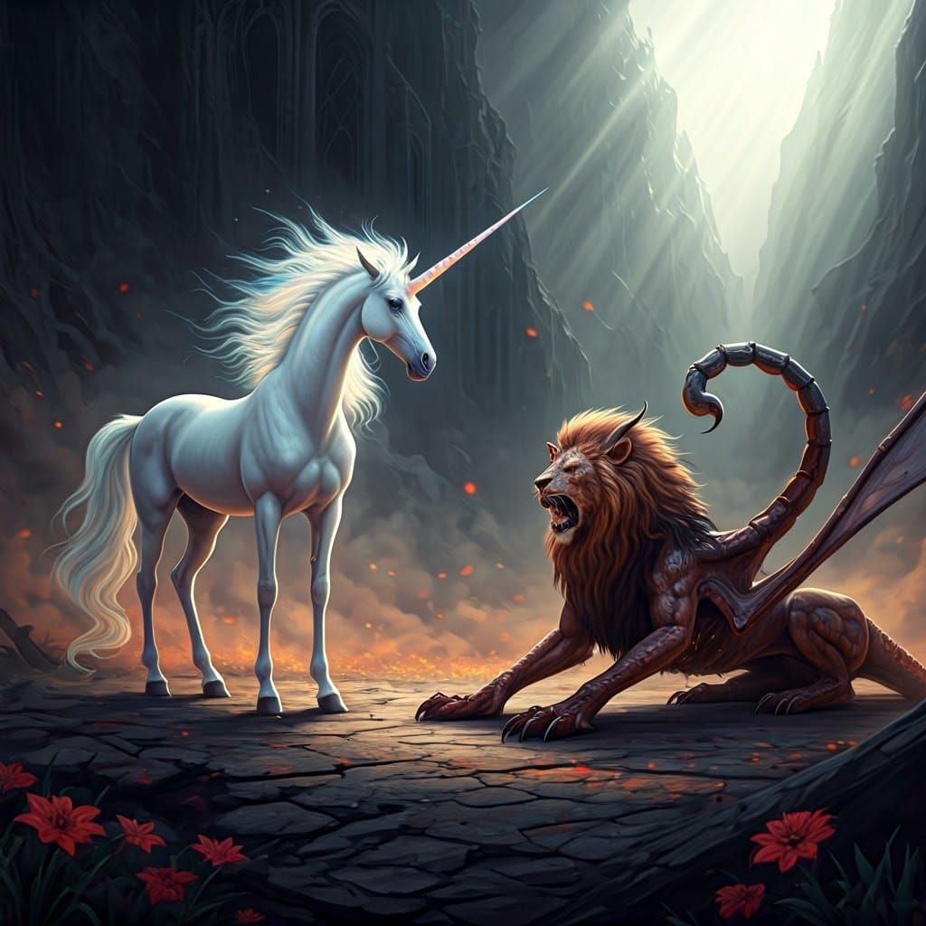 Unicorn and Manticore on Ravaged Battlefield