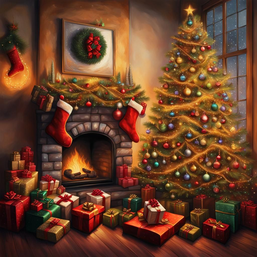 Christmas Tree with Gifts by Fireplace, Hyperrealistic