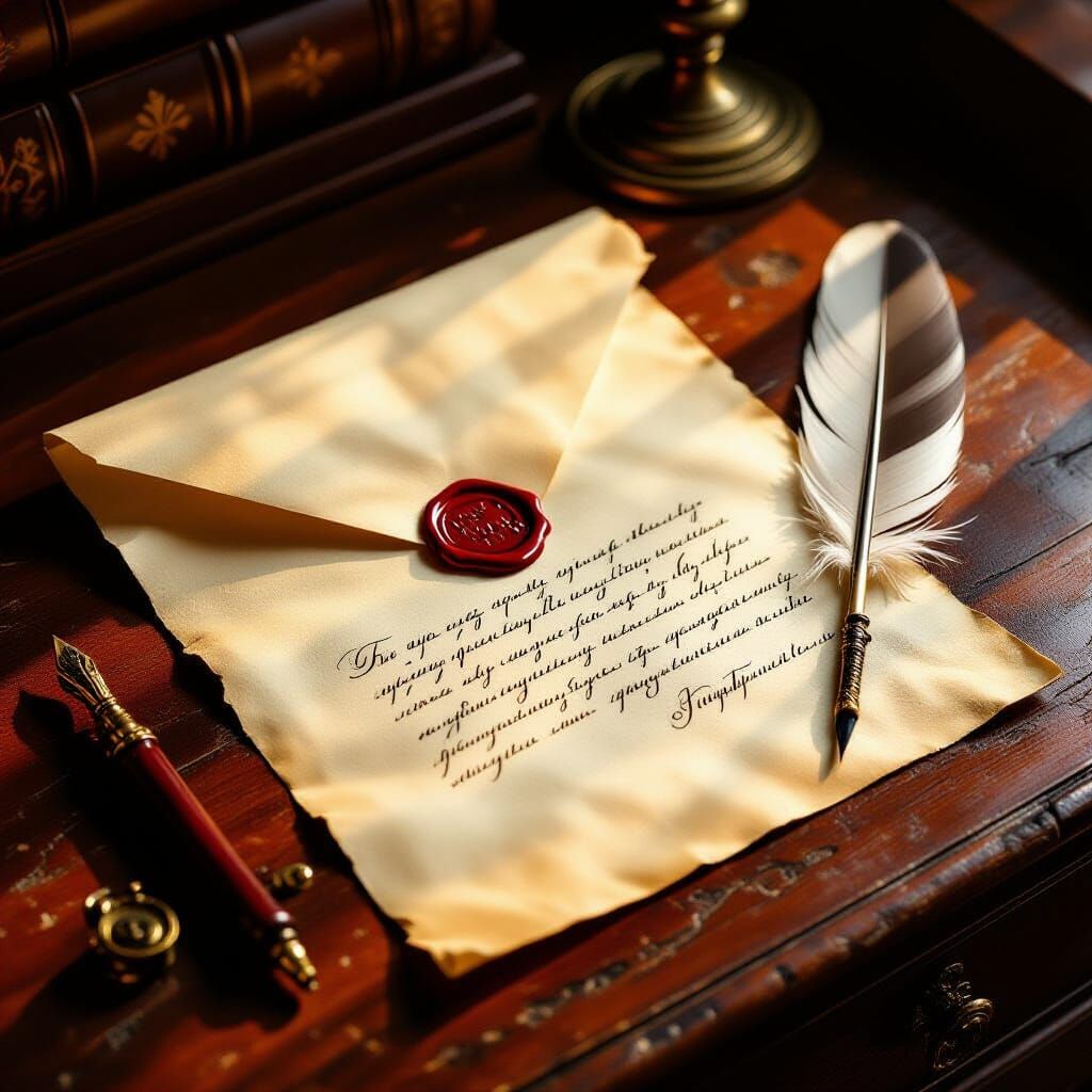 Antique Letter and Quill on Desk, Oil Painting Style