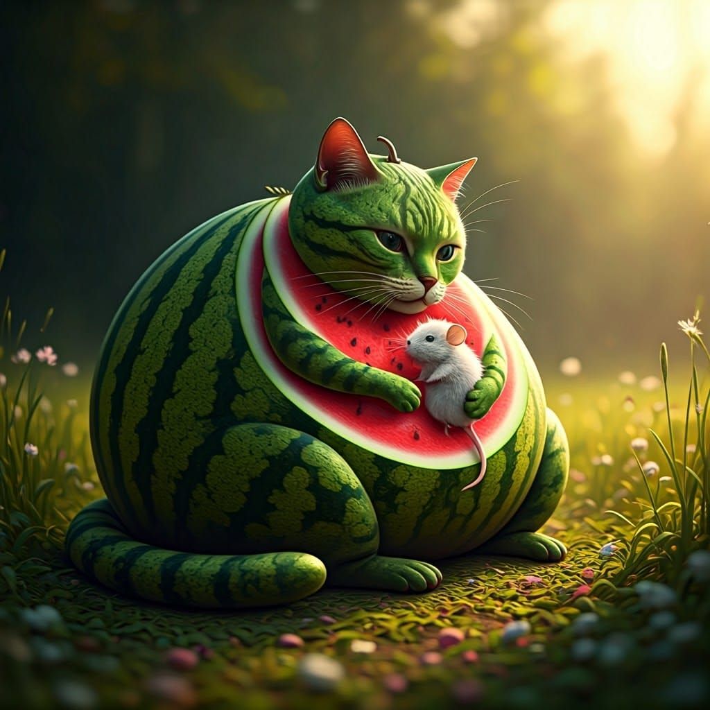 Serene Fruit Cat in Lush Meadow