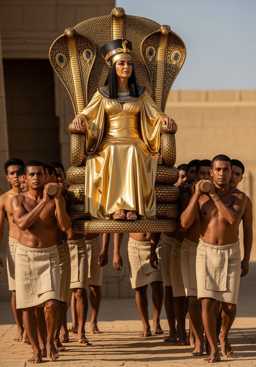 Egyptian Queen on Cobra Throne with Golden Toga