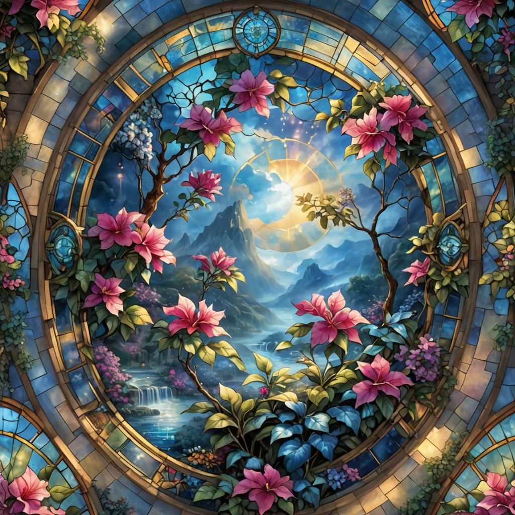 Blue Bougainvillea Flower in Stained Glass Style