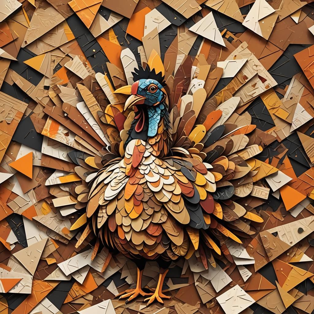 Cartoon Turkey in Collage Art Style with Geometric Elements