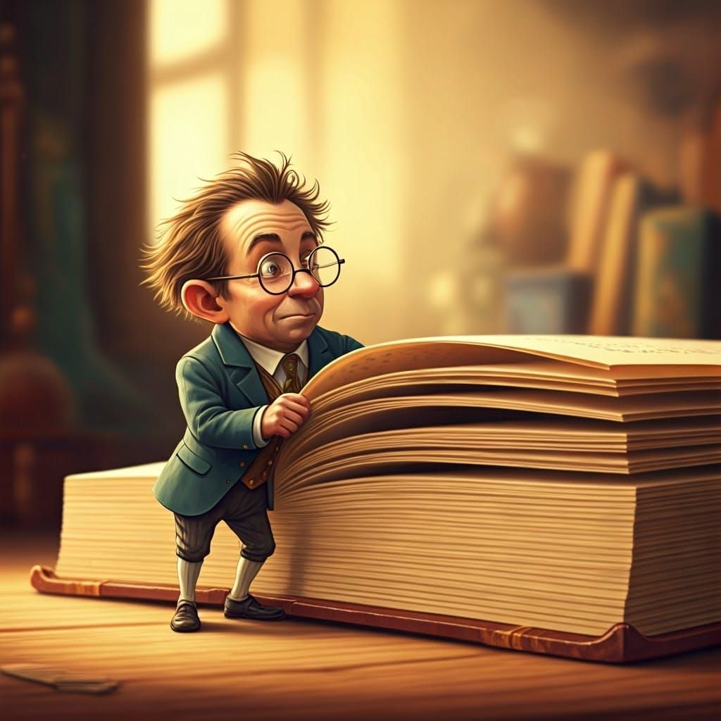 Whimsical Little Man Reading a Giant Book