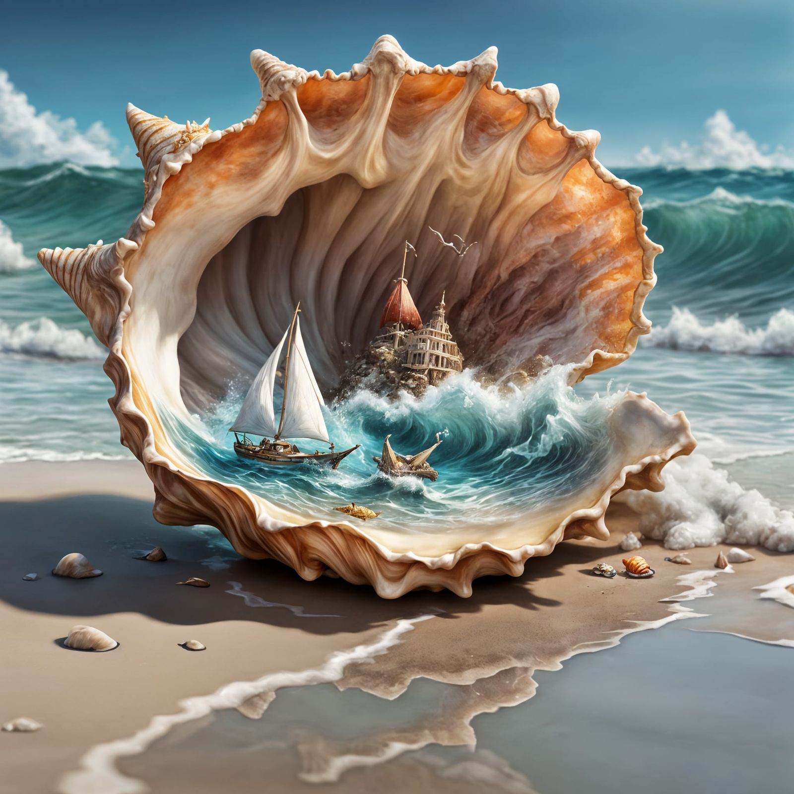 Fantasy Conch Shell With Miniature Ocean on Beach