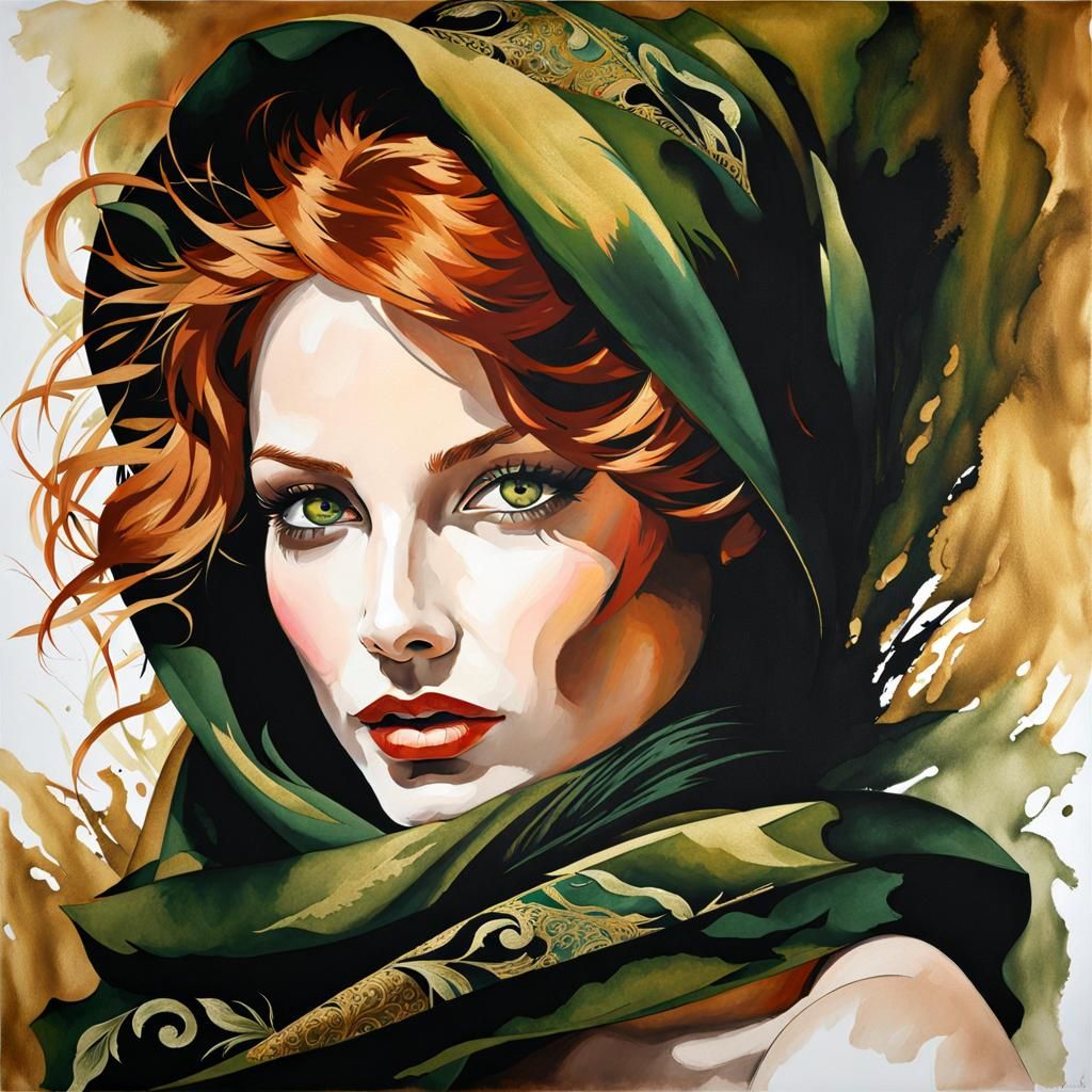 Redhead Portrait in Oil Painting Stencil Art Style