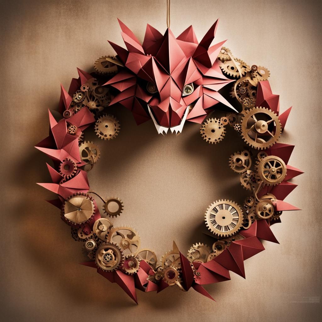 Steampunk Dragon Christmas Wreath in Origami Style