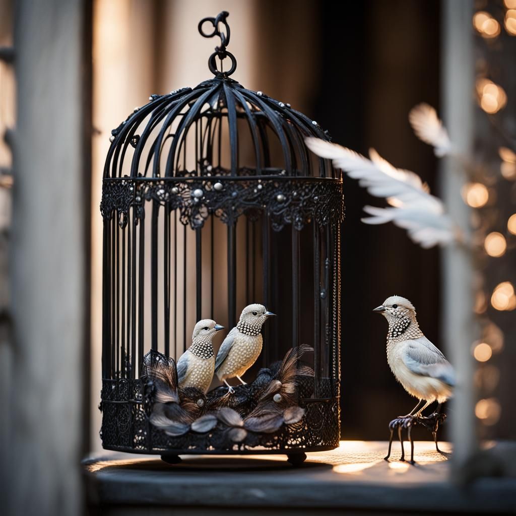Ornate Birdcage with Pearl Birds: Professional Photography