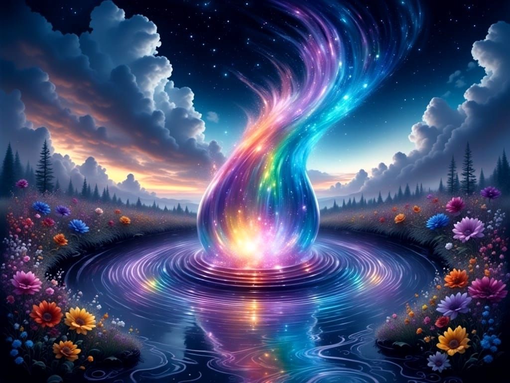 Ethereal Glass Portal in Vibrant Floral Landscape