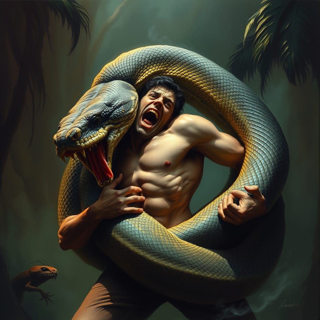 Man Ensnared by Giant Snake in Dark Jungle