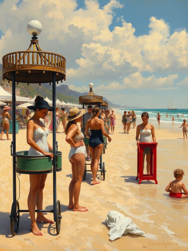 Victorian Beach Scene in Impressionist Oil Painting