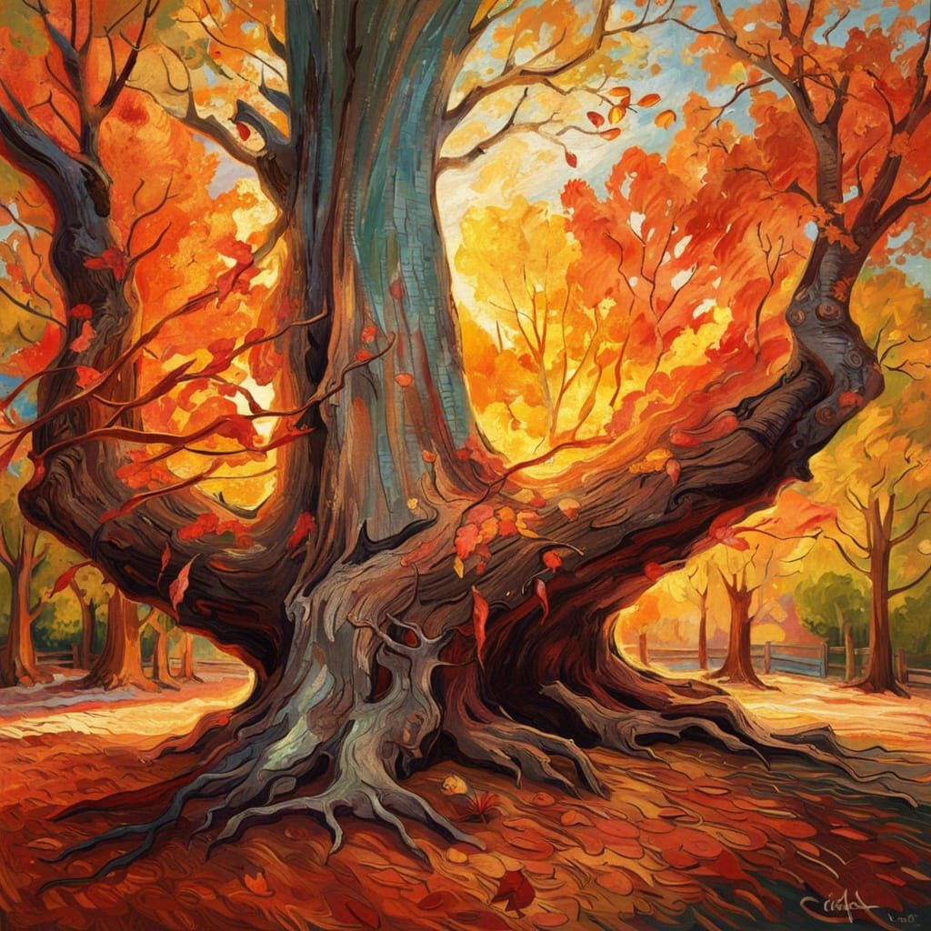 Autumn Tree in Sunlight, Post-Impressionist Style