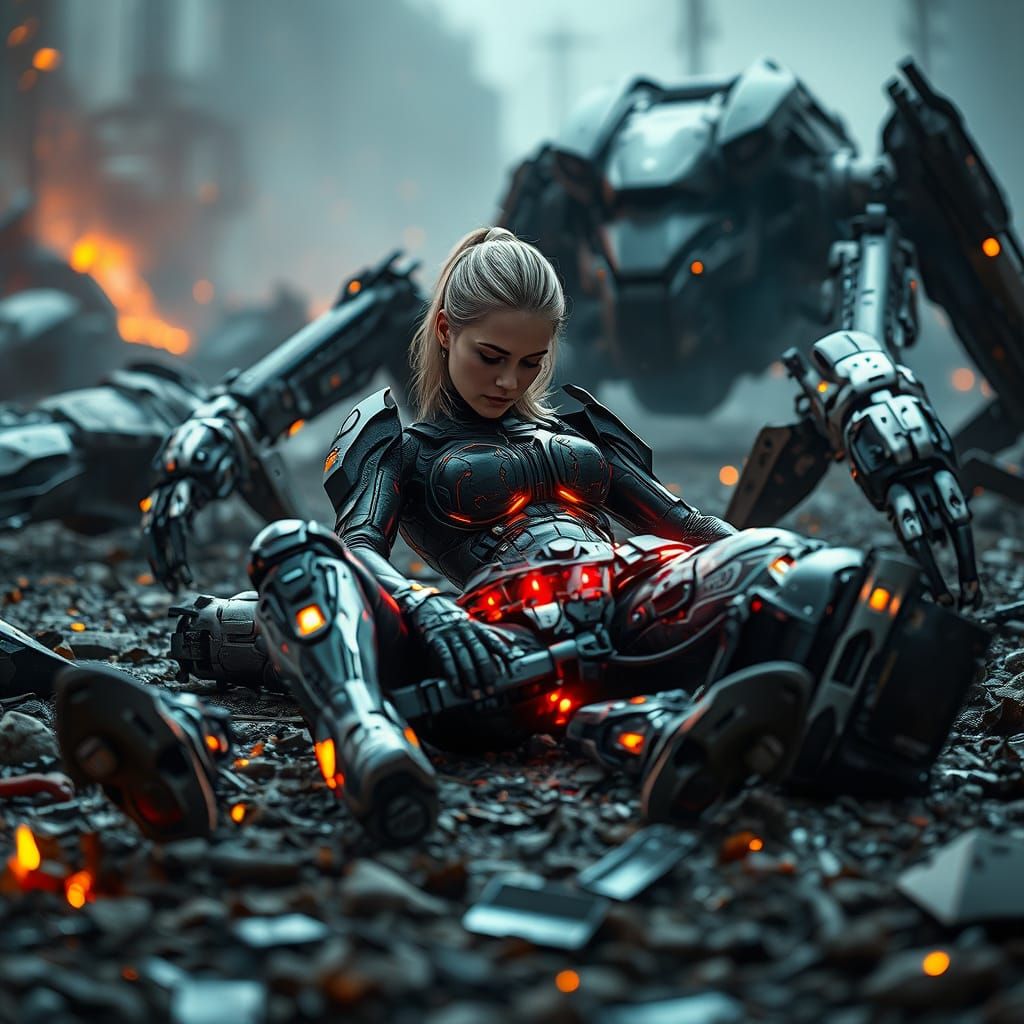 Cyberpunk Warrior in Shattered Metallic Landscape