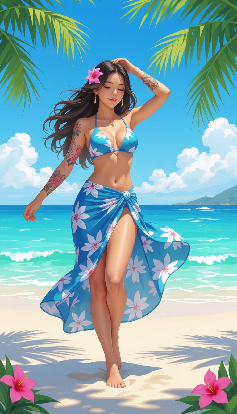 Girl Dancing on Beach with Japanese Tattoo Art