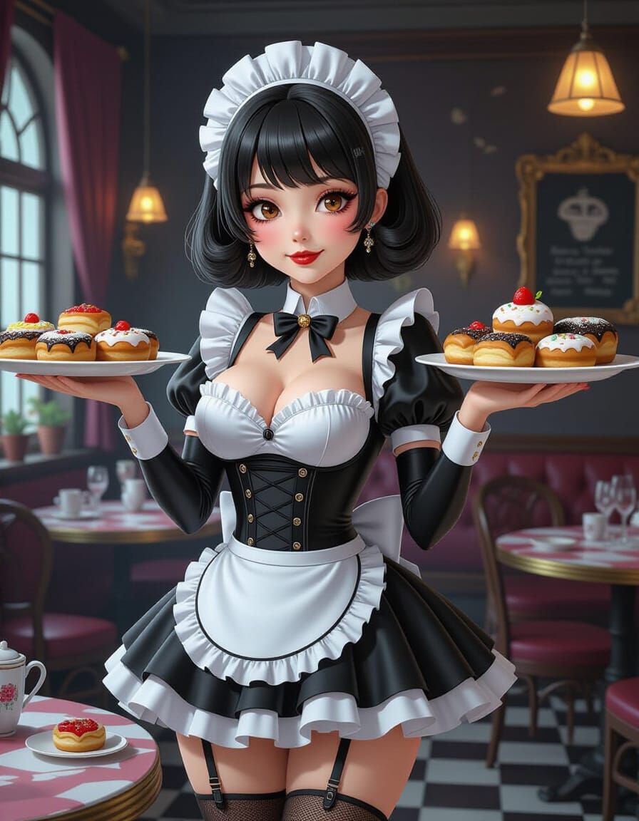 Futuristic Space Maid with Sweets in Gothic Setting