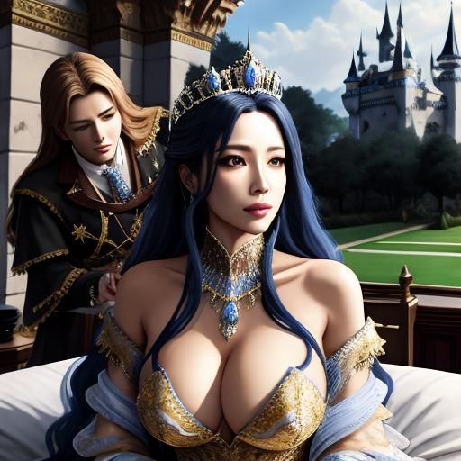 Blue-Haired Queen Pampered in Royal Chamber