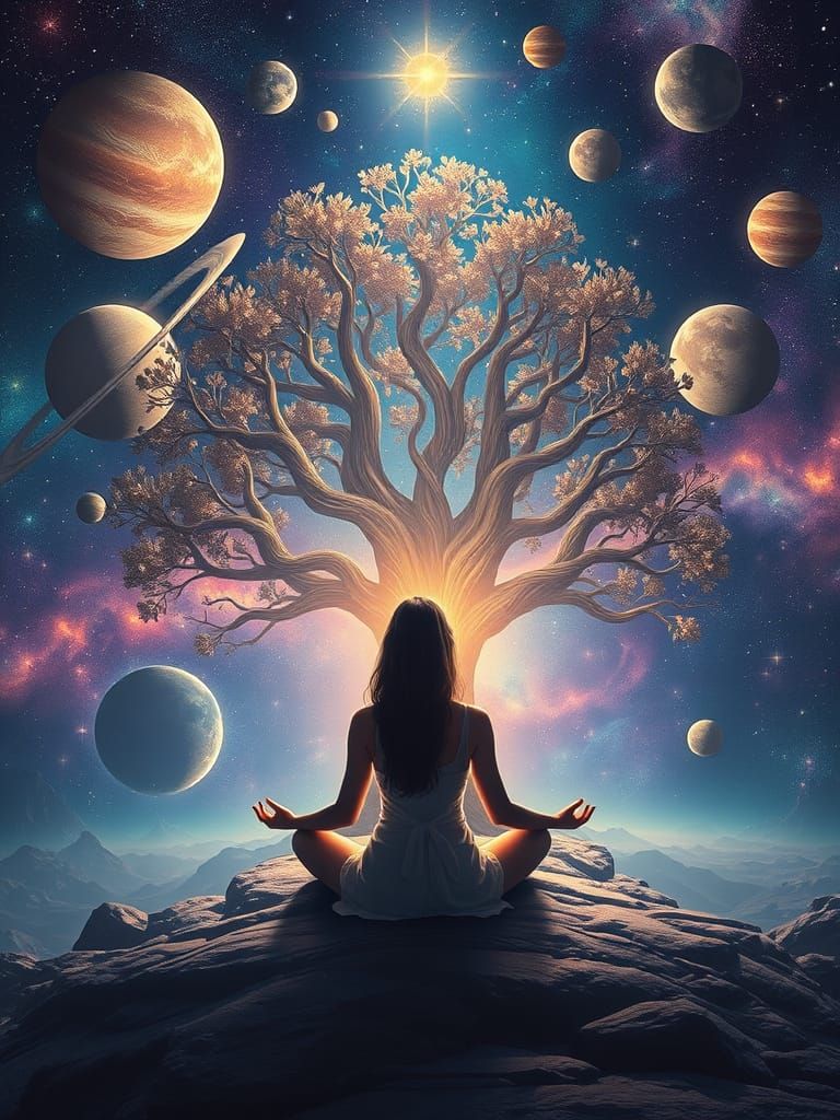 Meditating Woman at Glowing Tree of Life in Cosmic Space