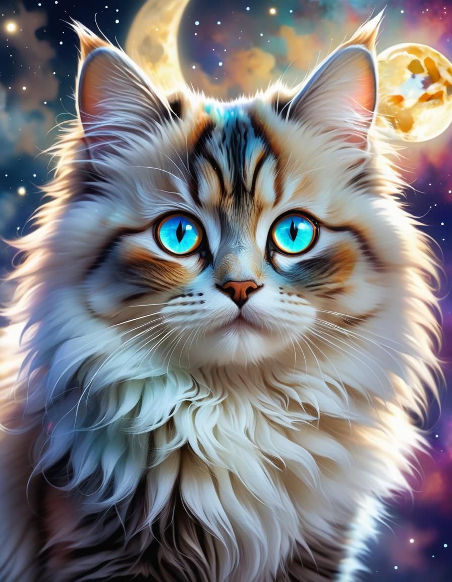 Psychedelic-Eyed Cat in Moonlight