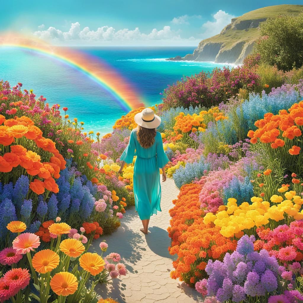 Seaside Rainbow Garden: A Pixar-Inspired Scene