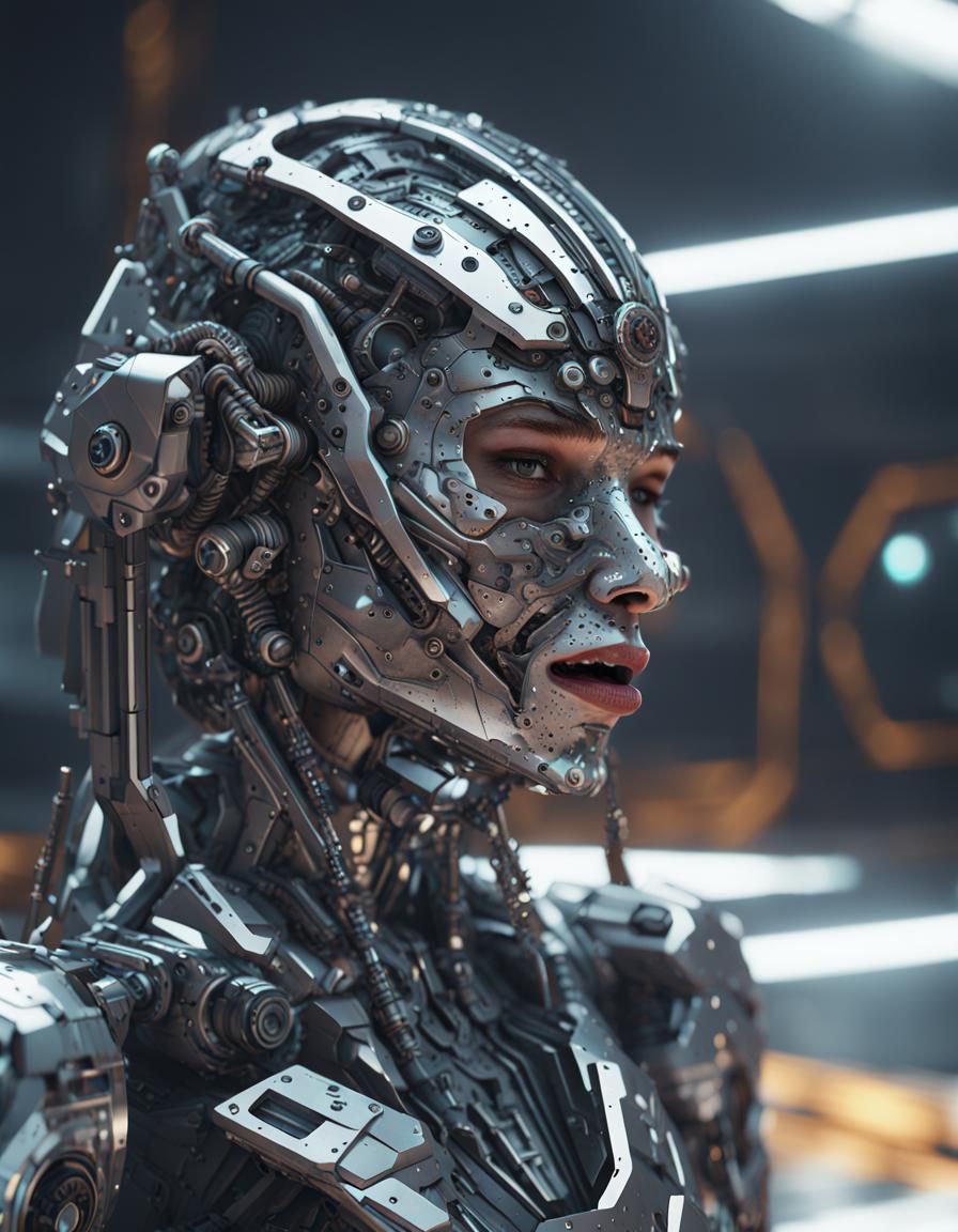 metal ugly crying woman intricate mech details, ground level...