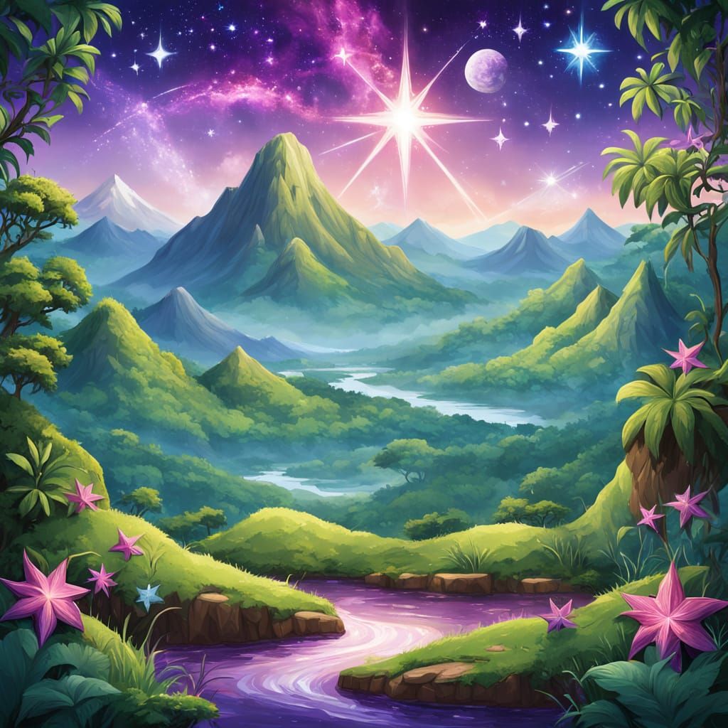 Celestial Wonders Over a Lush Landscape in Vibrant Colors
