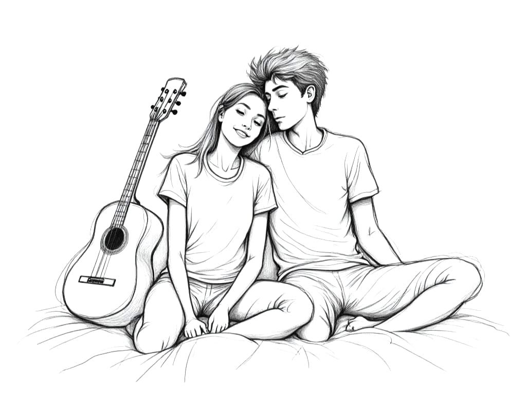 Teen Couple Posing on Bed in Loose Sketch Style