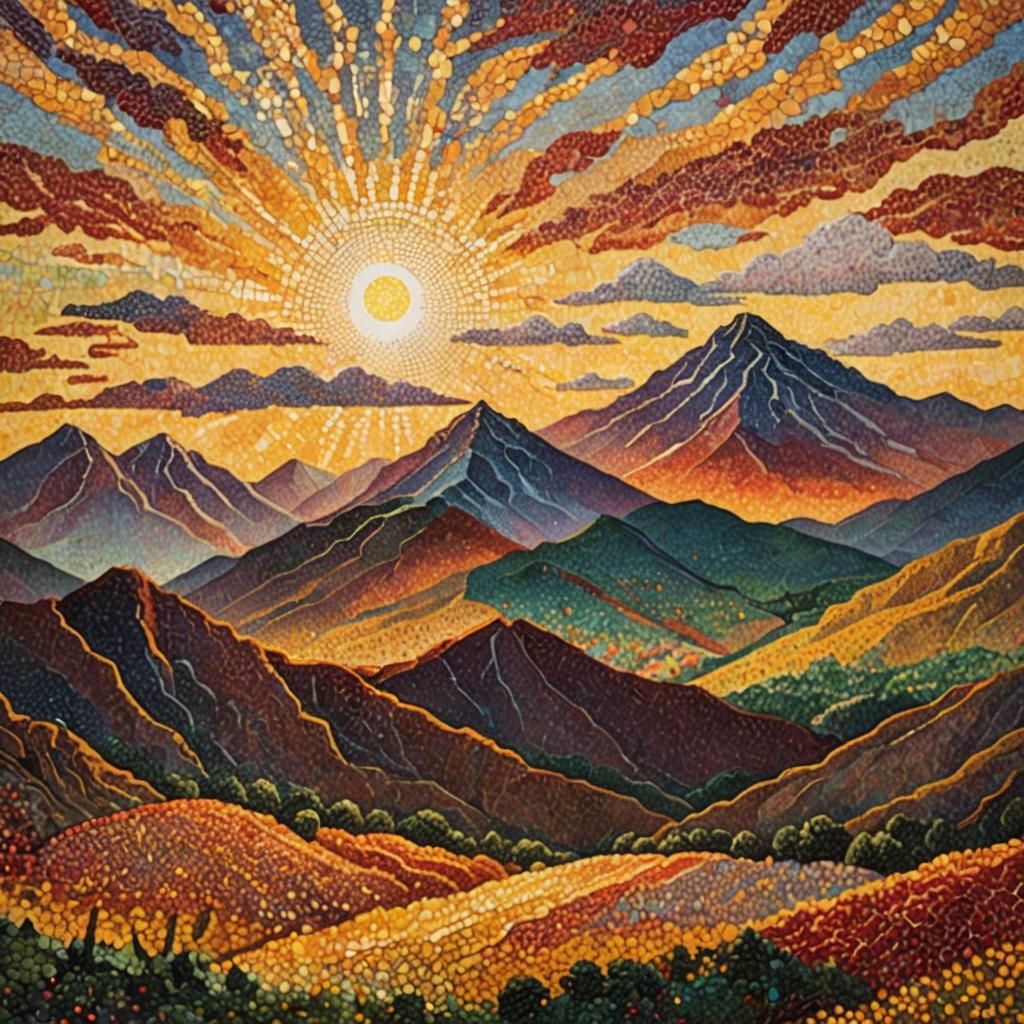 Pointillist Sunset Over Mountain Landscape in Seurat Style