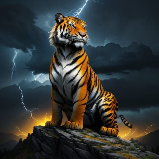 Giant Tiger on Mountain Peak Amidst Lightning Storm