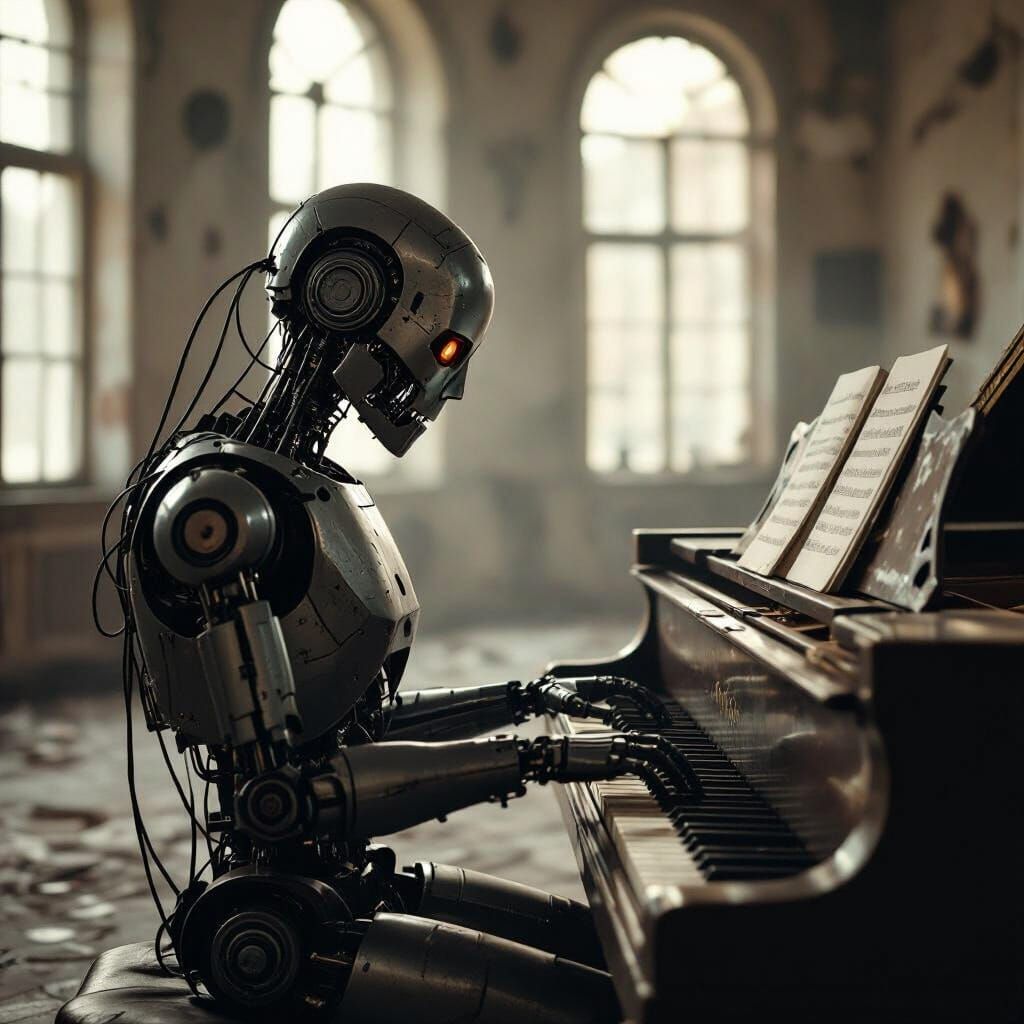 Melancholic Robot Plays Piano in Abandoned Ballroom