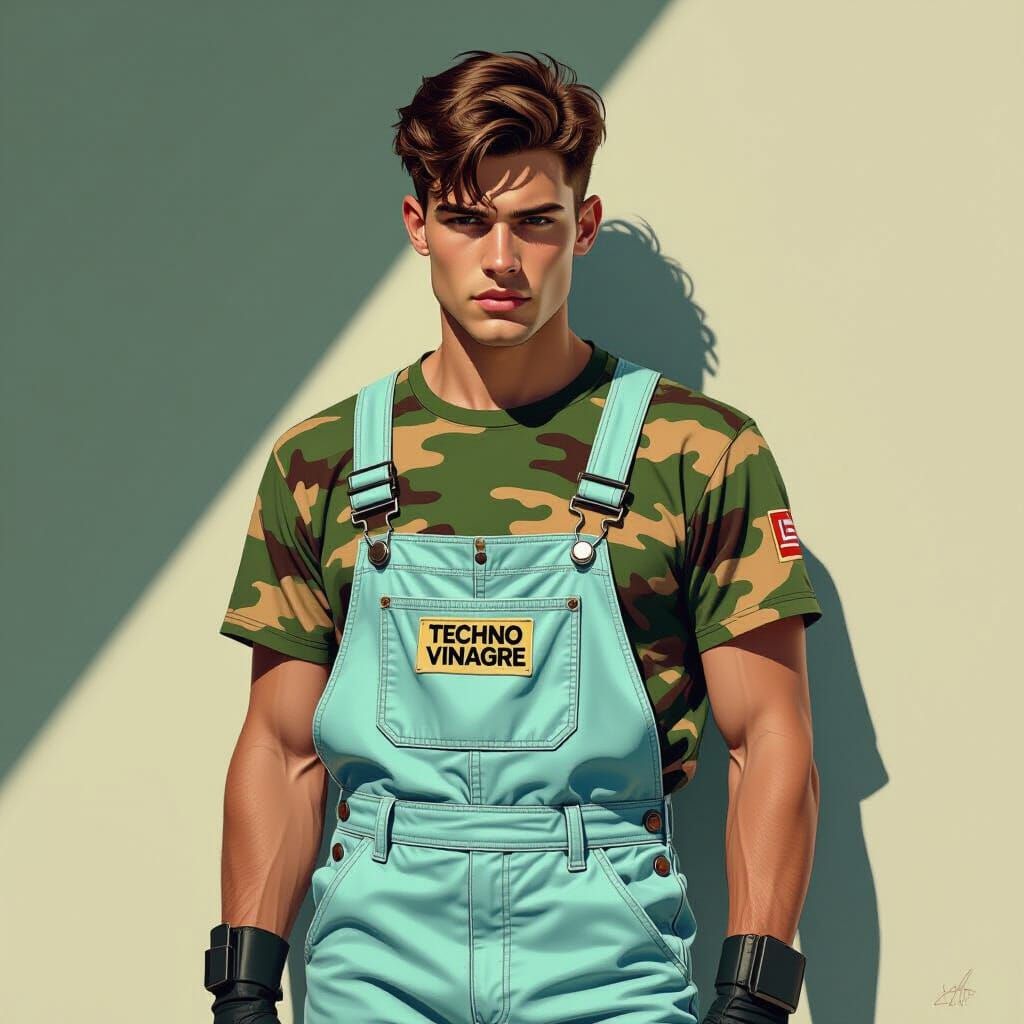 Young Man in Jungle Tee and Blue Overalls