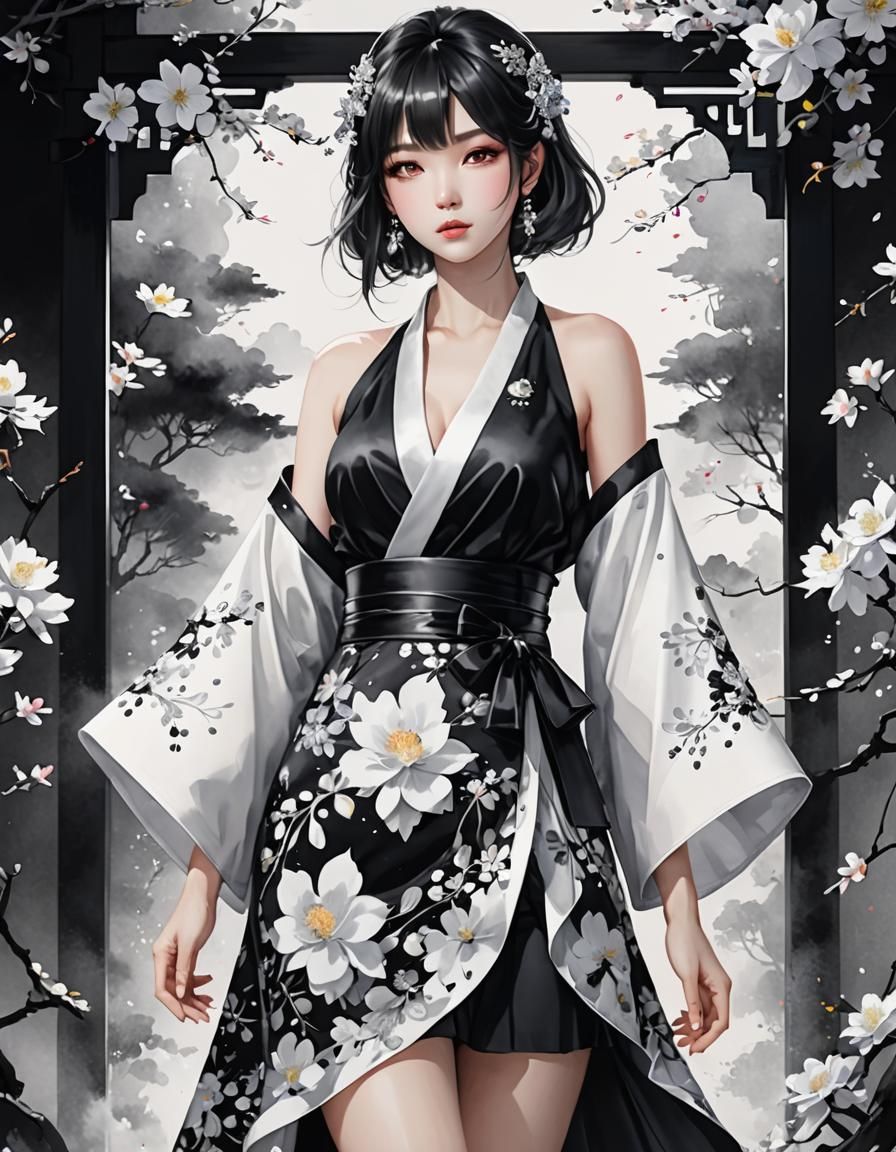 High Contrast Kimono Dress in Watercolor Style