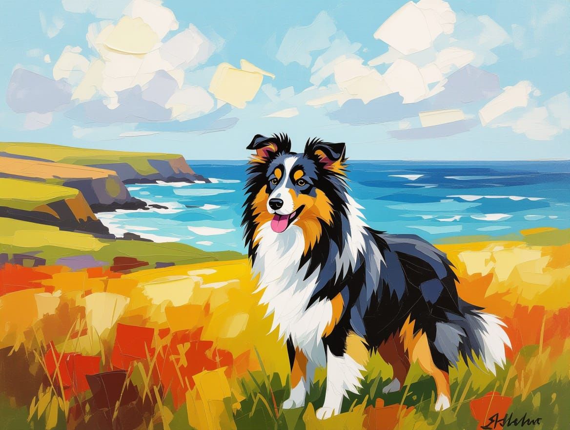 Shetland Sheepdog Overlooking the Atlantic: Impasto Painting