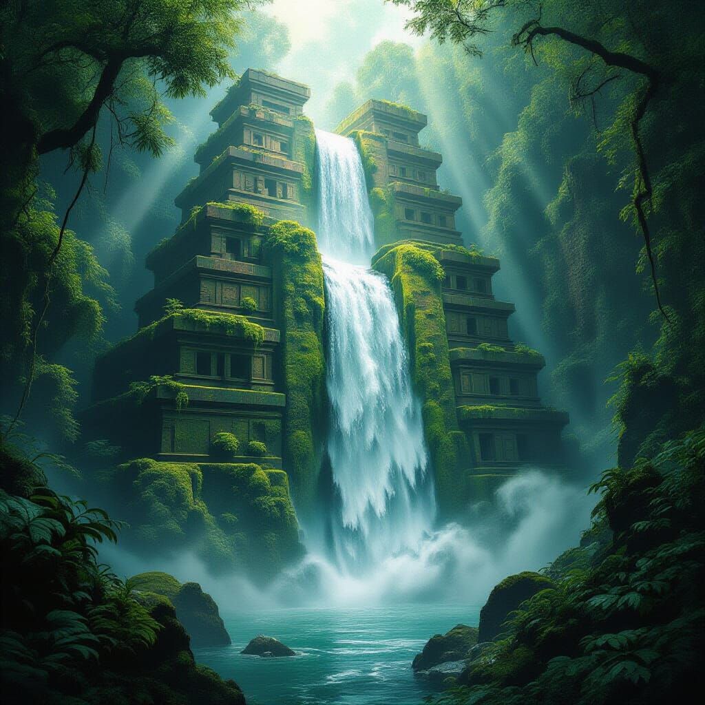 Majestic Waterfall on Ancient Jungle Ziggurat