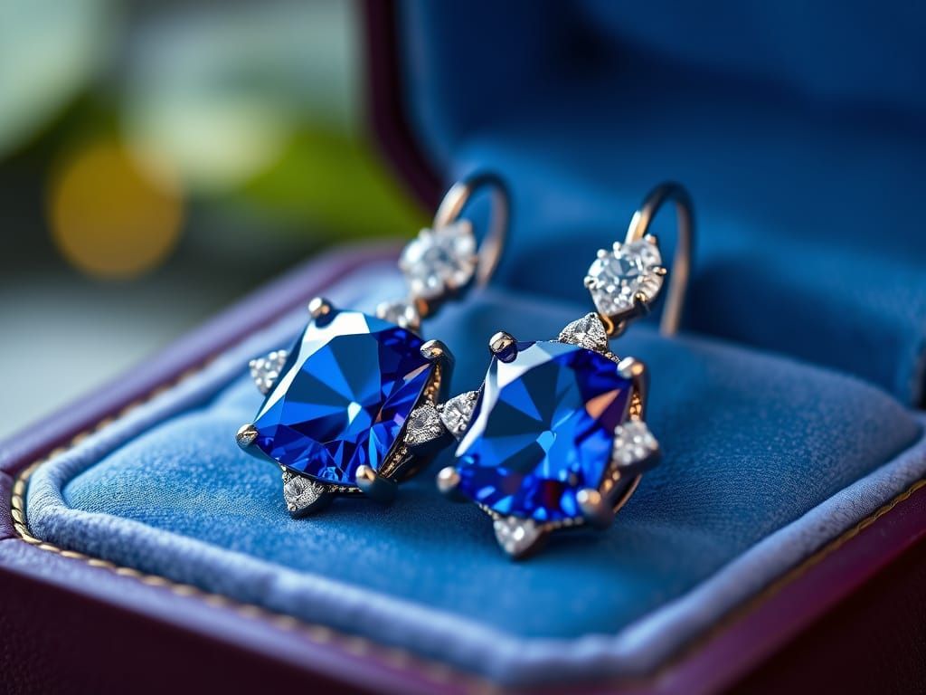Tanzanite Diamond Earrings in Velvet Box - Macro Photography