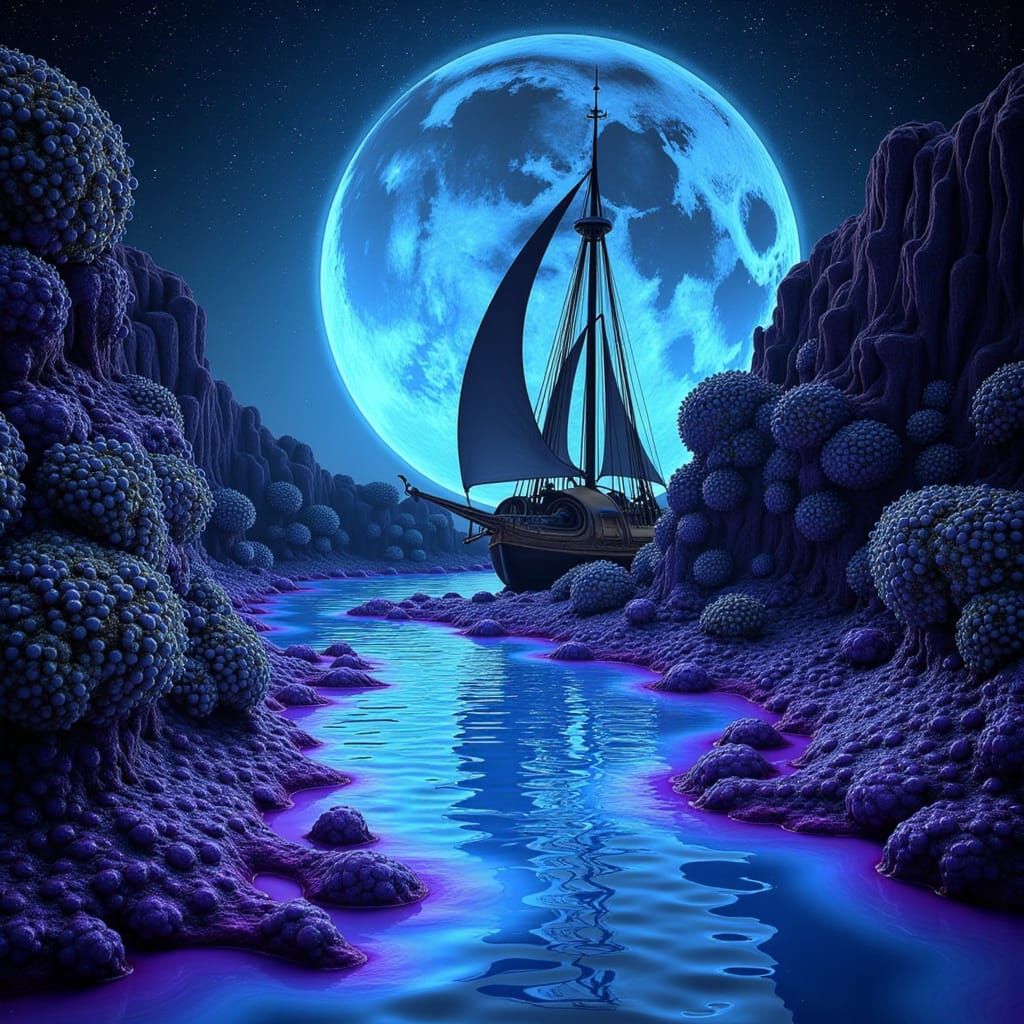 Sailing Ship on Starlight River with Alien Flora