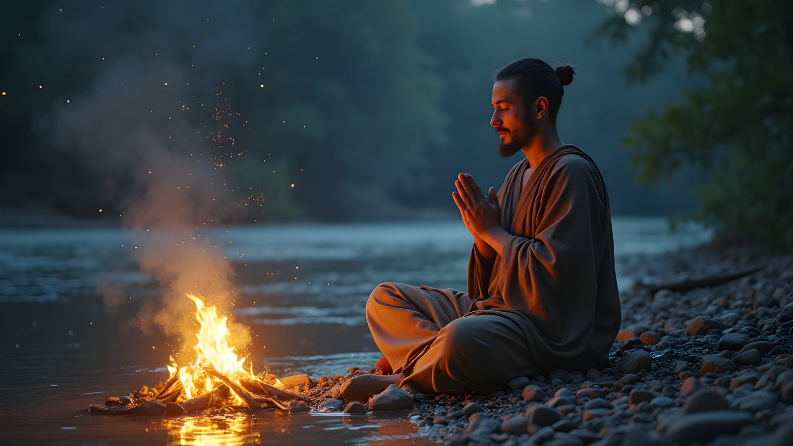 Monk Praying by Campfire: Hyperrealistic Portrait