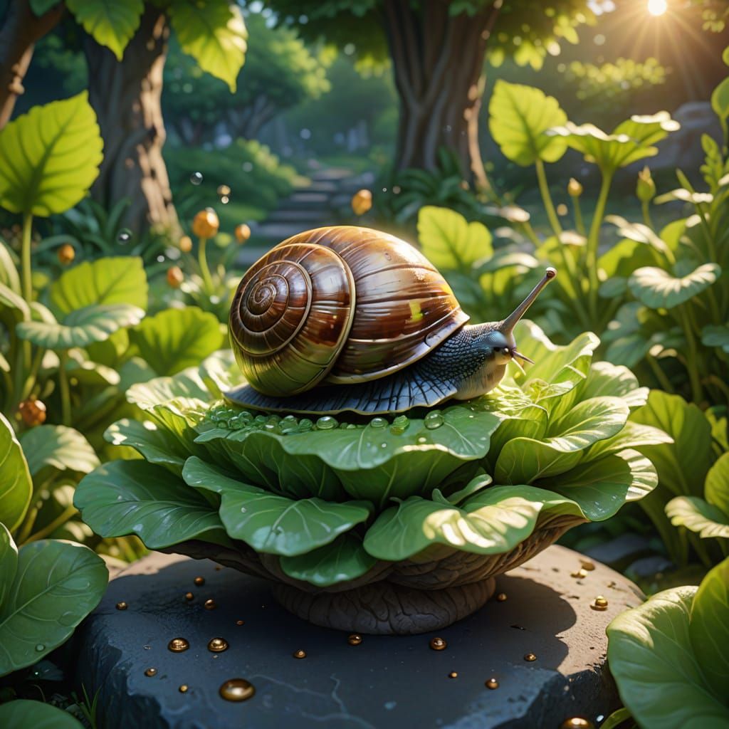 Surreal Anime Garden Scene with Snail and Lush Vegetation