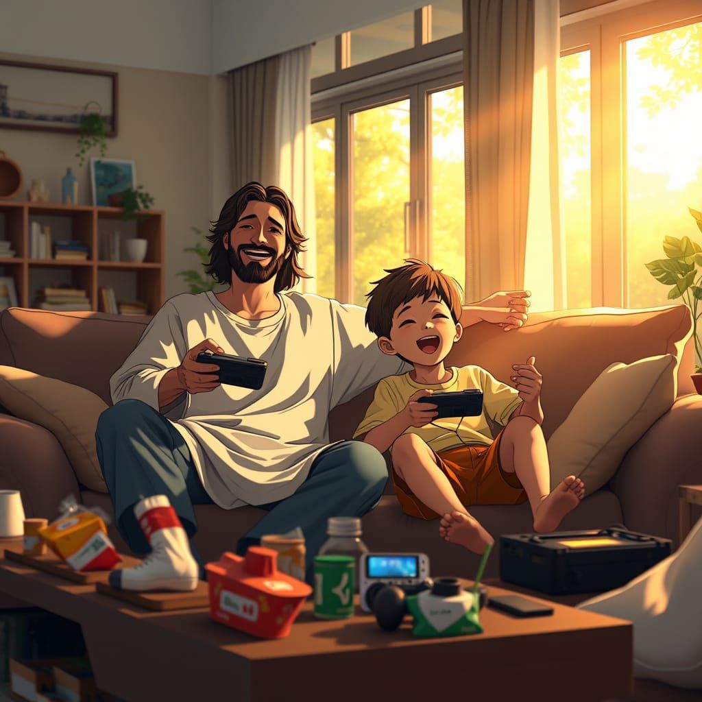 Jesus and a Kid Enjoy a Heartwarming Gaming Session in a Coz...
