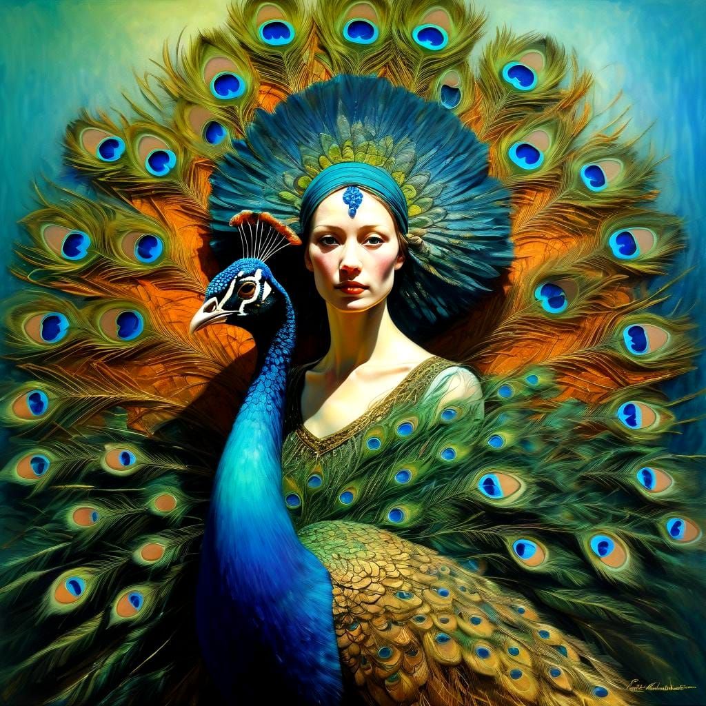 Ethereal Wyeth-Inspired Woman in Vibrant Peacock Feathers