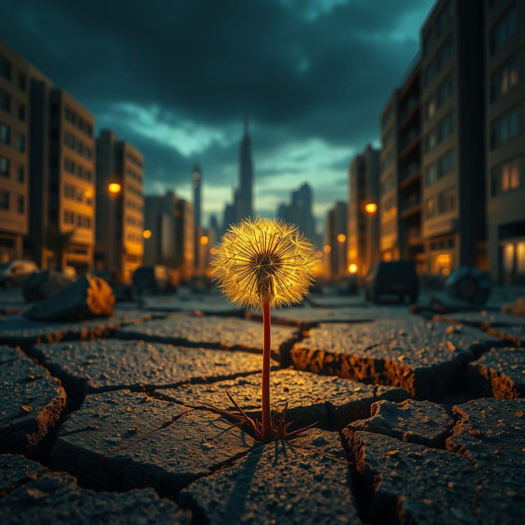 Post-Apocalyptic Twilight: Dandelion Blooms in Ruins