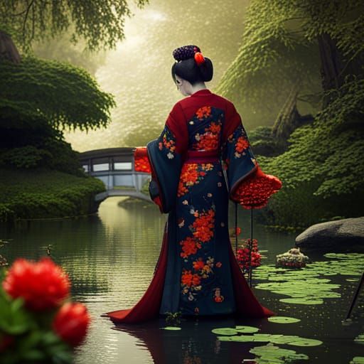 Geisha with Red Peony Flower by Koi Pond