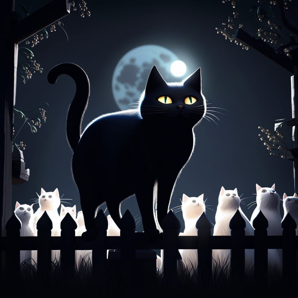 Black Cat Under Full Moon with White Cats