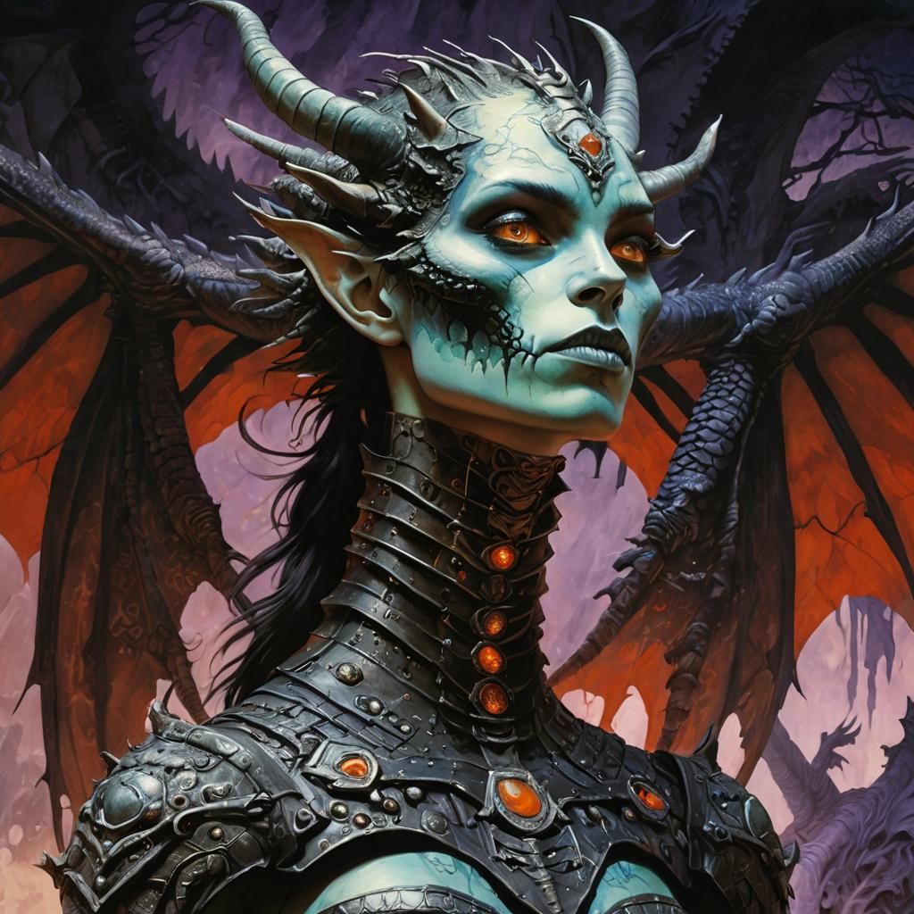 Detailed Dragon Maiden in Primitivism Style